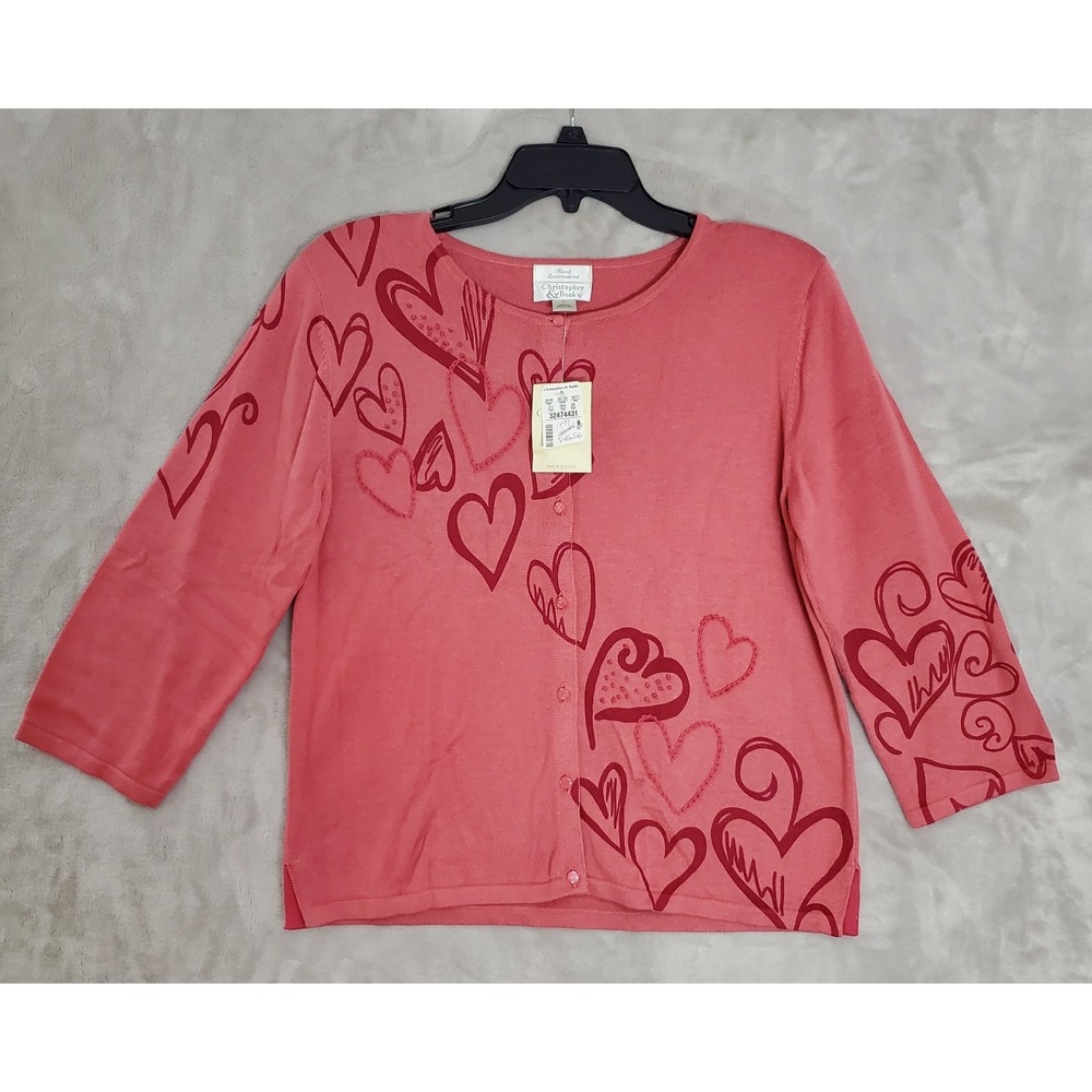 Christopher & Banks Cardigan Sweater M Pink Hearts Hand Embroidered Romantic NWT